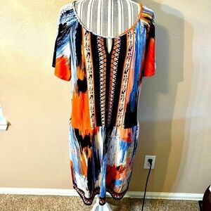 Beige by Eci Dress Medium Midi Orange Blue Coral Abstract Beaded Trim Short Slv